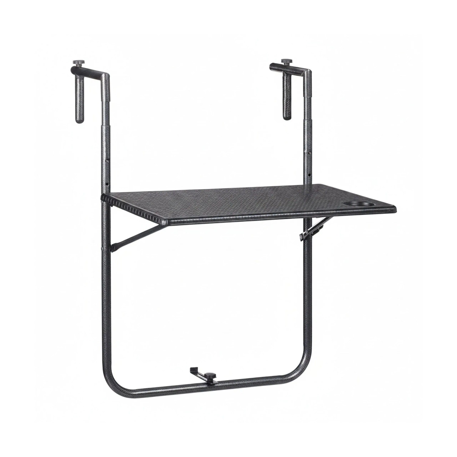 Relaxdays Balkonhängetisch Metall Kunststoff Schwarz Klappbar 3-fach Höhenverstellbar 2 Getränkehalter 72,5 cm x 59,5 cm x 59 cm 2,8 kg