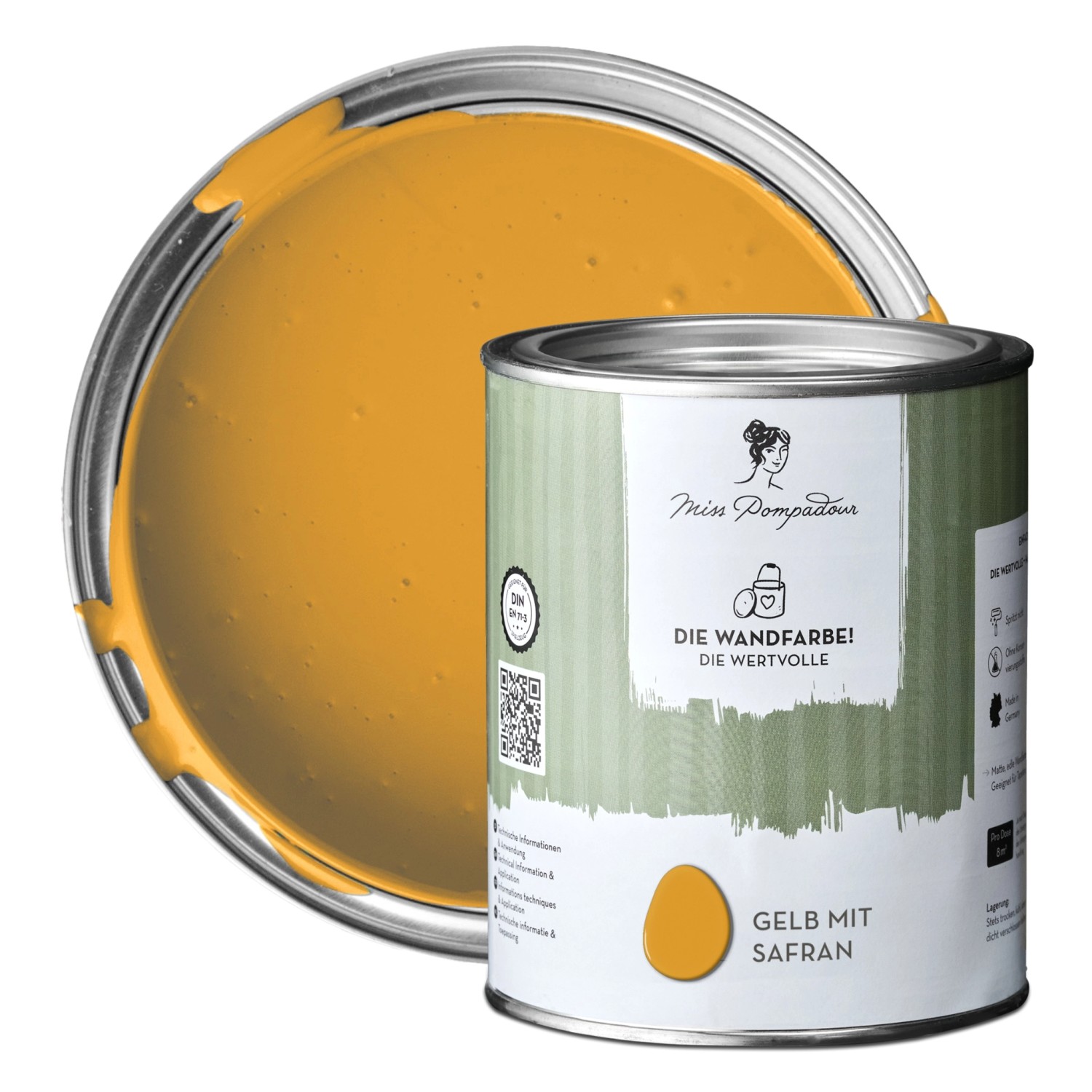 MissPompadour Extramatte Wandfarbe Gelb mit Safran 1L Hochdeckend Spritzfrei