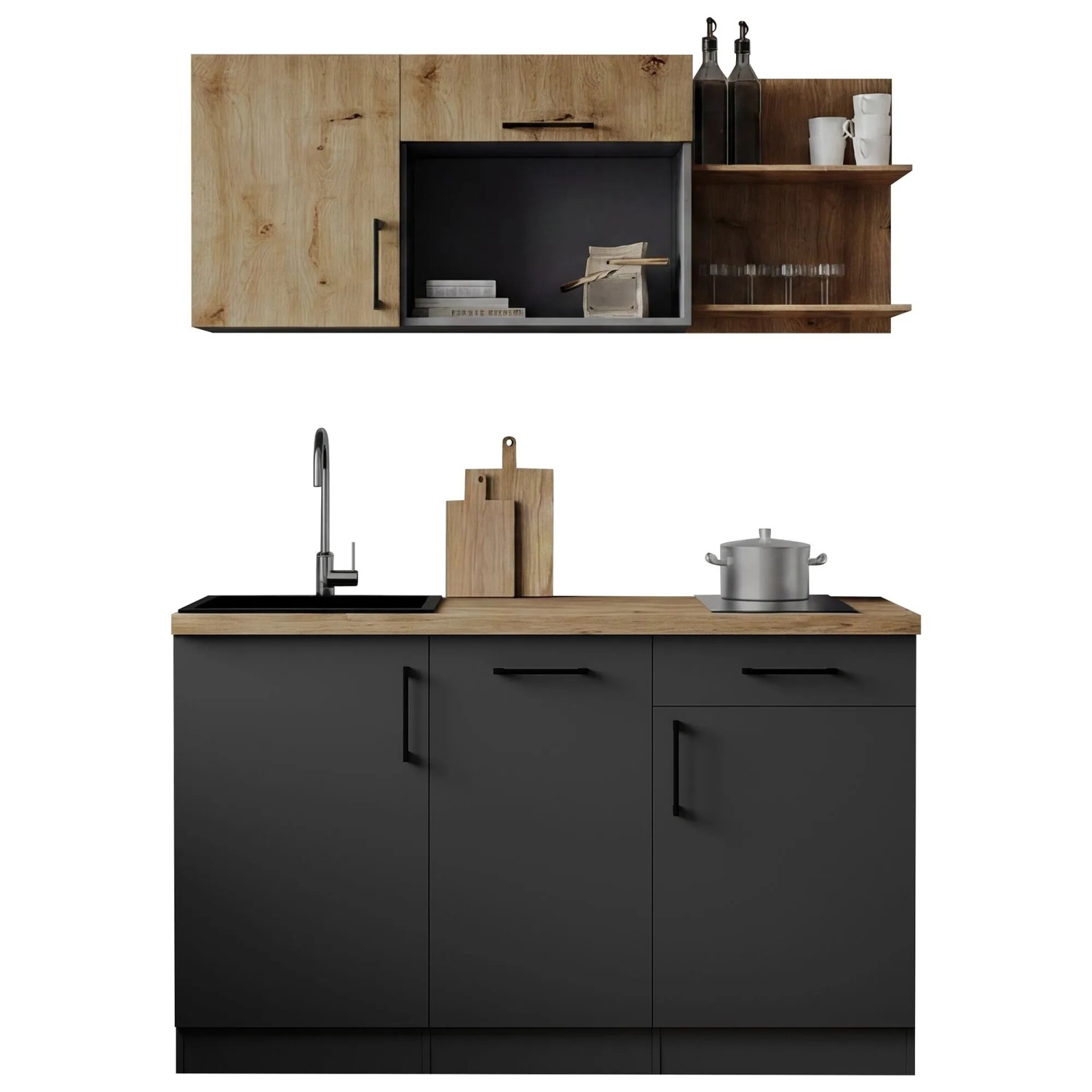 Respekta Singleküche Oliver 145 cm Grau matt Artisan-Eiche ohne Mikrowelle