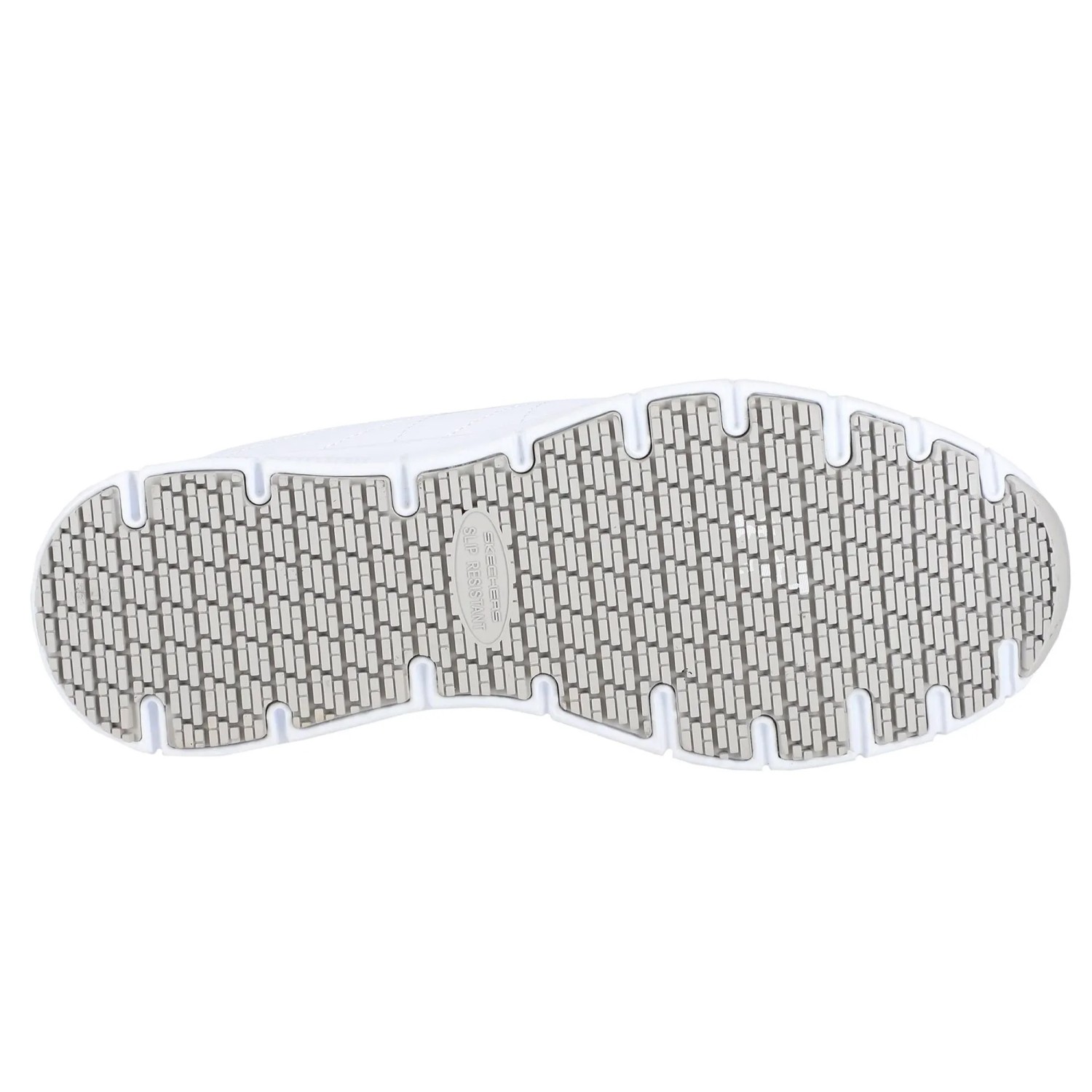 Weiße Skechers Beja Nampa Damen Arbeitsschuh-Laufsohle mit rutschhemmendem, hellgrauem Profil und SKECHERS SLIP RESISTANT Logo.