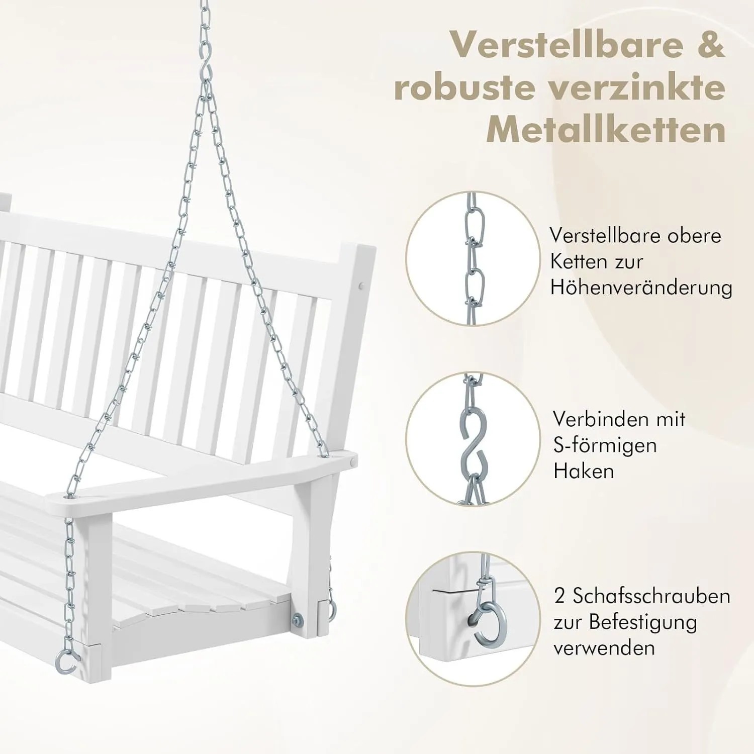 Costway Hängebank Aus Massivholz 3-Sitzer Gartenschaukel Zum Aufhängen Weiß_5