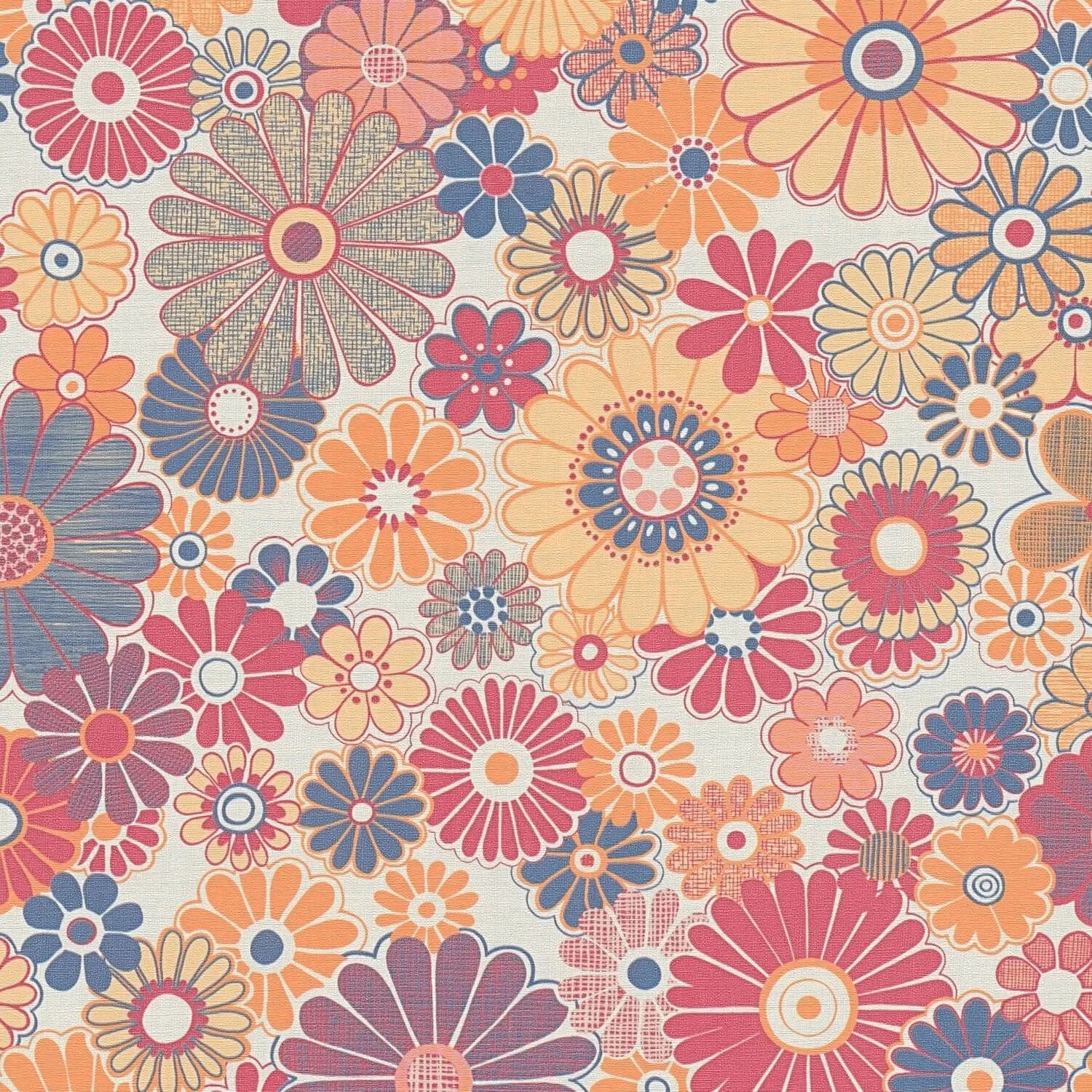 PROFHOME 395354-GU Retro Tapete Blumen Matt Rot Ocker-Gelb Orange Blau 0,53 m x 8,50 m 4,50 m2