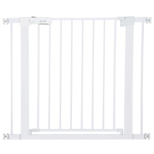 Verstellbares, weißes PawHut Türschutzgitter aus Metall mit Auto-Close Funktion.