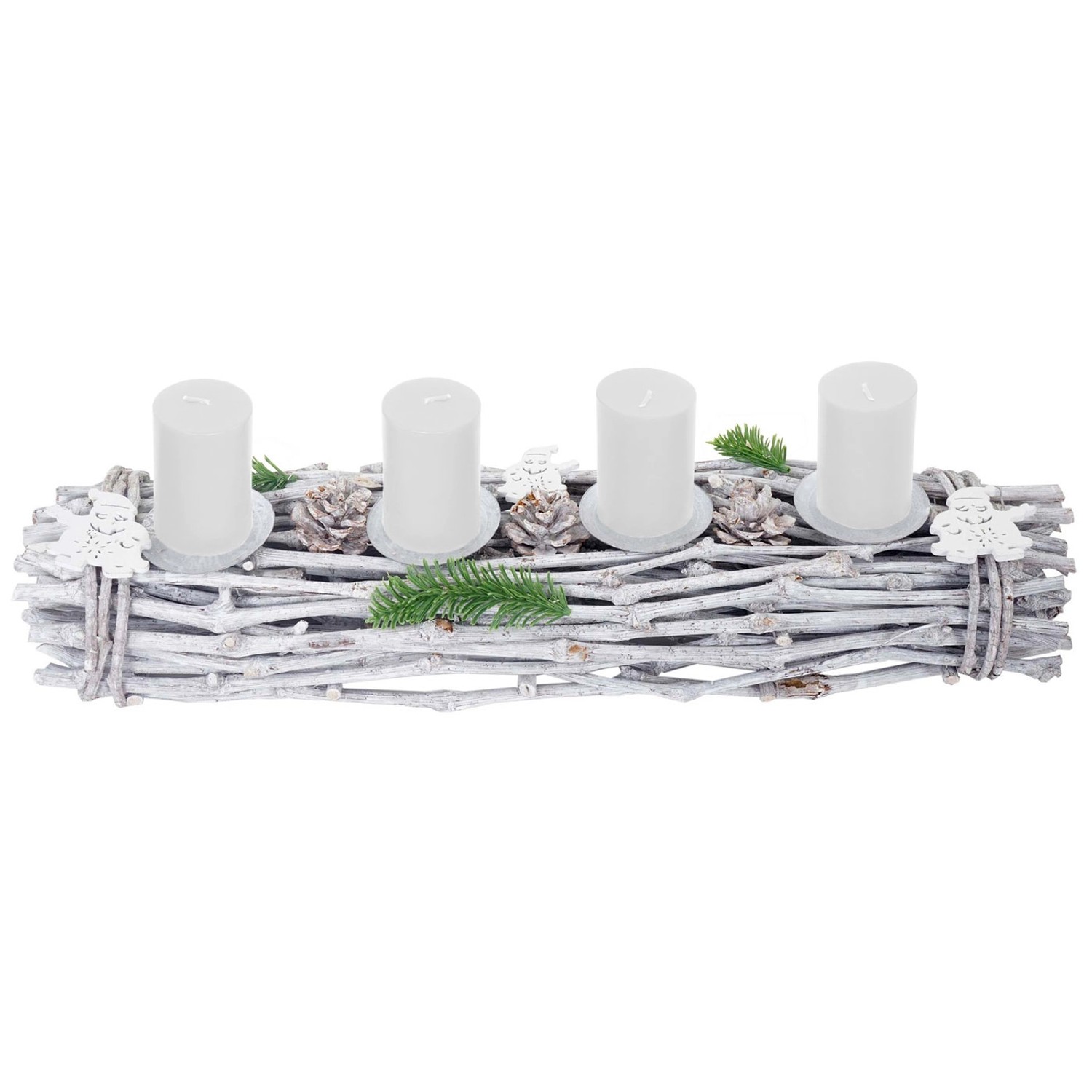 Länglicher, weißer MCW Adventskranz aus Holz mit vier Kerzen und Deko.