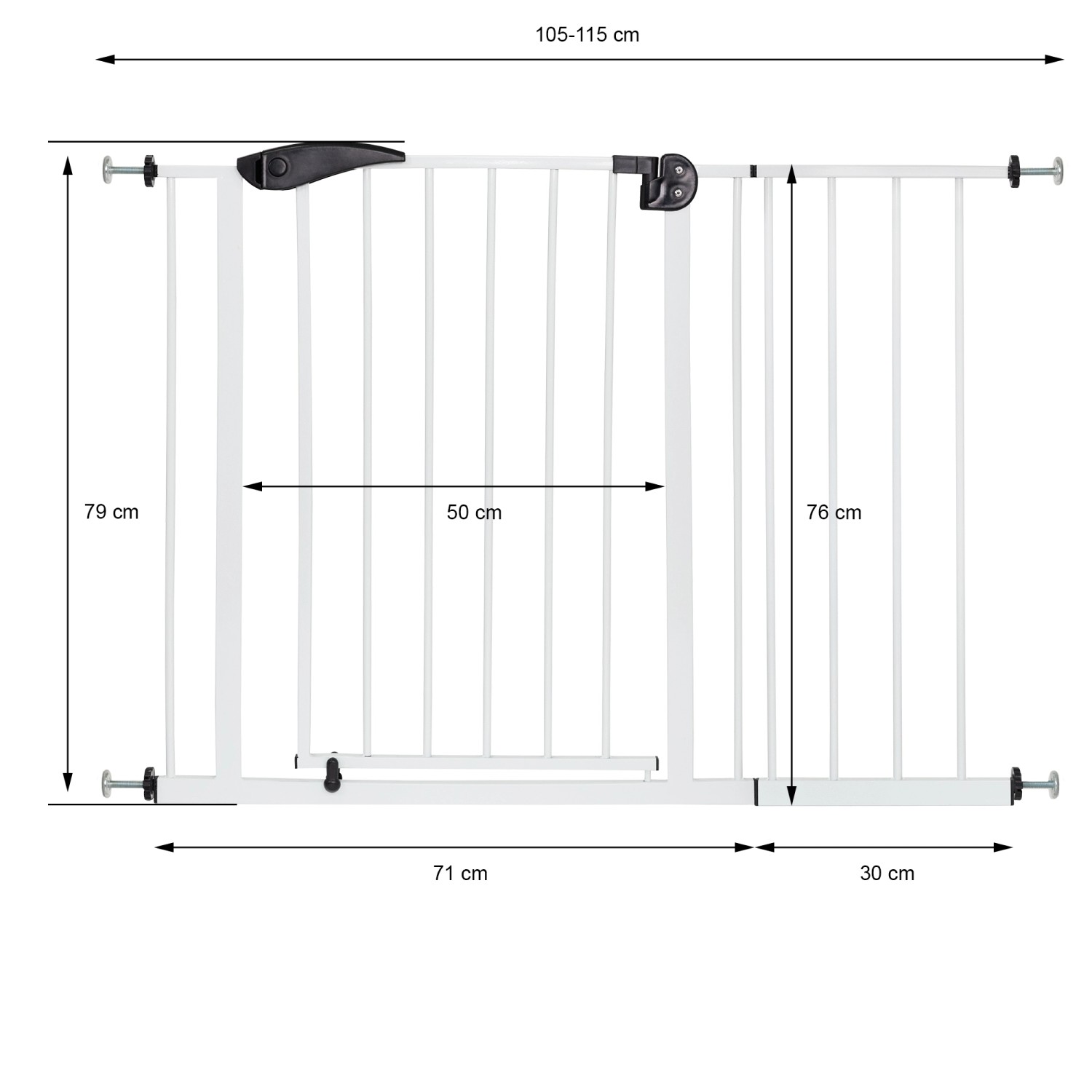 Weißes ECD Germany Türschutzgitter für Kinder und Haustiere, Größenangaben inklusive.