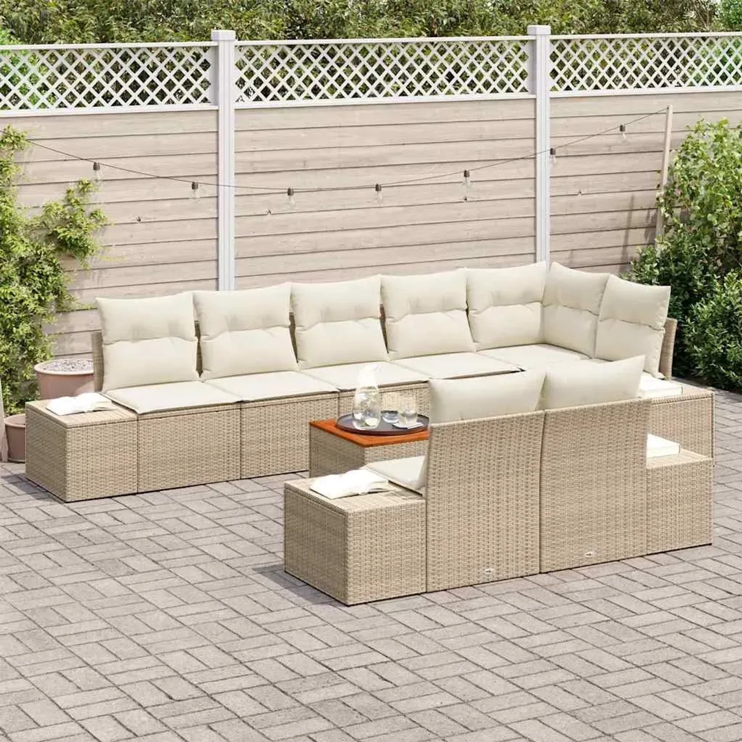 vidaXL 9-tlg. Garten-Sofa-Set, beige/weiß, aus Rattan mit Tisch. Modulares Lounge-Set für Garten und Terrasse.