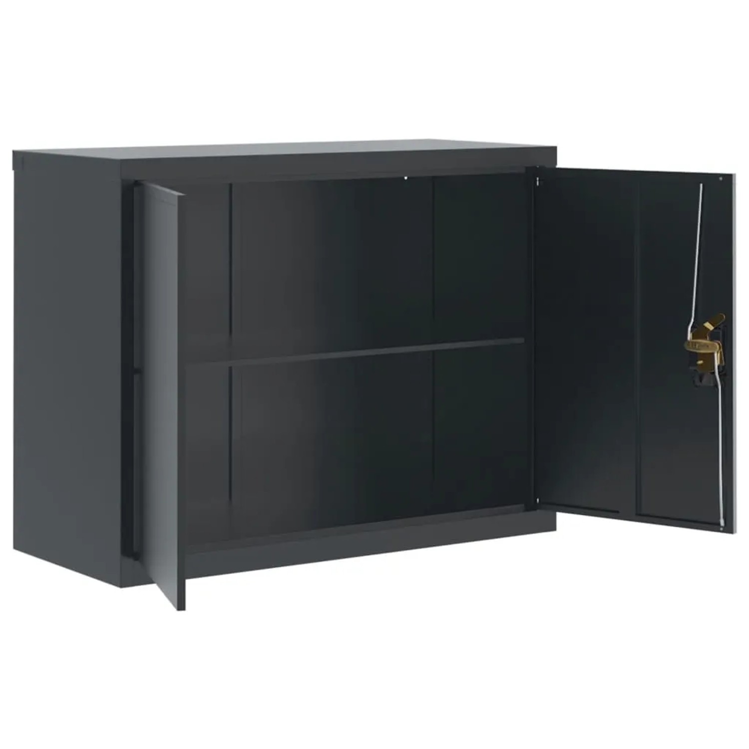 Anthrazitfarbener vidaXL Aktenschrank aus Stahl, 90x40x70 cm, mit offenen Türen und Einlegeboden.