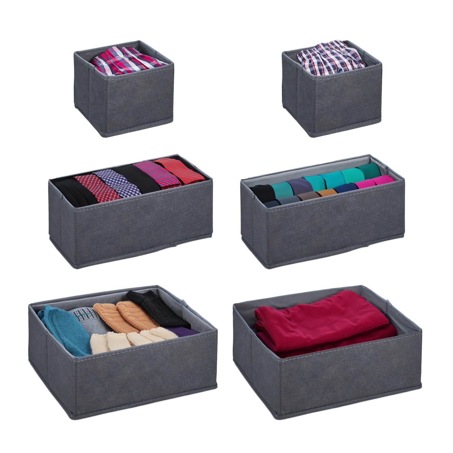 Relaxdays Schubladen Organizer 6er Set Vlies Pappe Grau Faltbar 12 cm x 28 cm x 28 cm