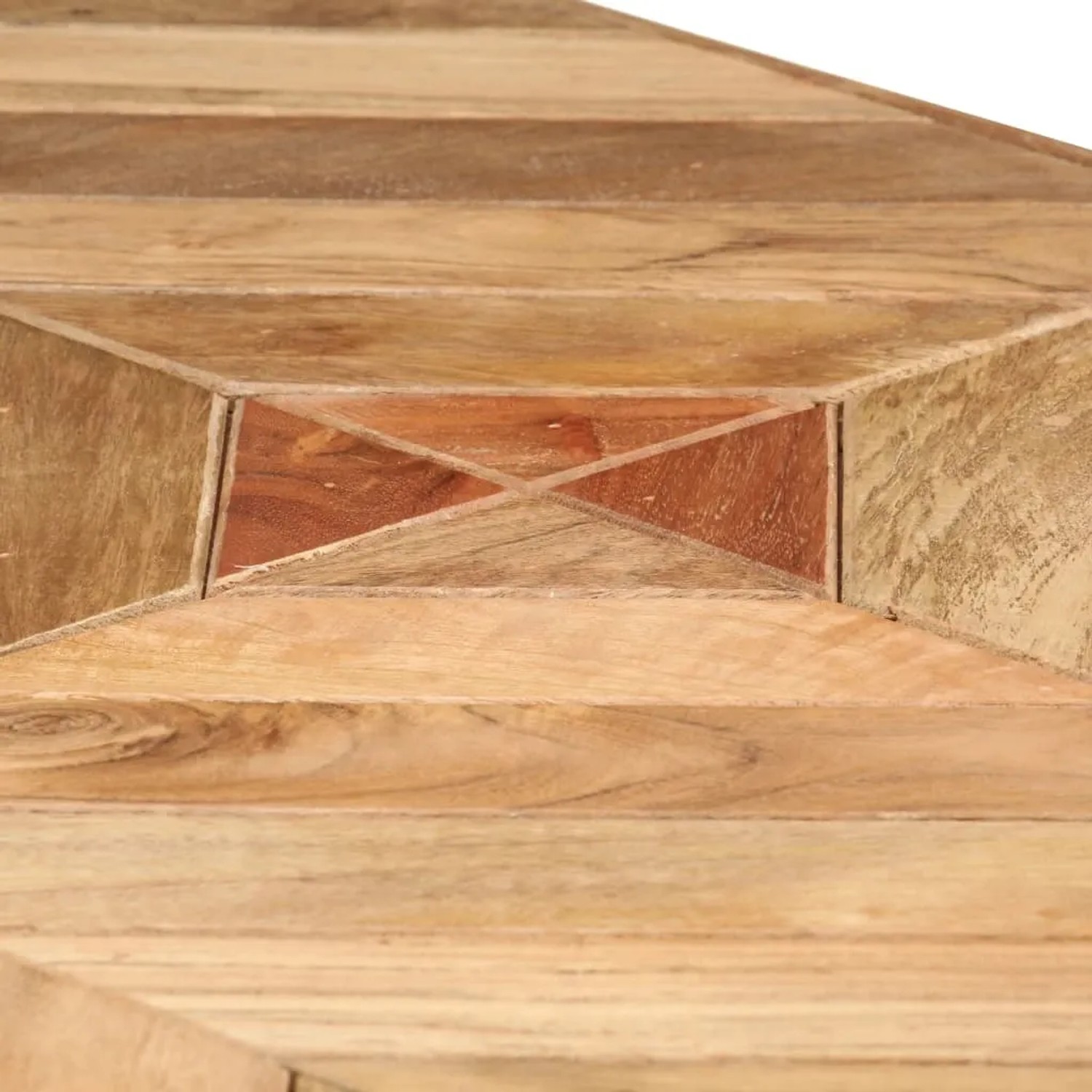 Detailansicht der Tischplatte des vidaXL Esstischs aus Akazien- und Mangoholz mit Mosaikmuster.