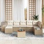 Beiges 8-teiliges Garten-Sofa-Set aus Poly Rattan von vidaXL mit Kissen und Tisch.