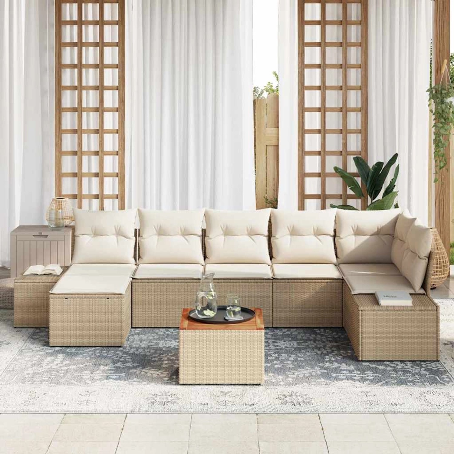 Beiges 8-teiliges Garten-Sofa-Set aus Poly Rattan von vidaXL mit Kissen und Tisch.