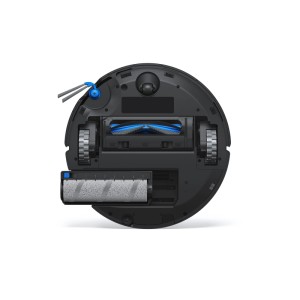 Unterseite des schwarzen Saugroboters DEEBOT T80S Omni mit blauen Bürsten, Rädern und Wischrolle.