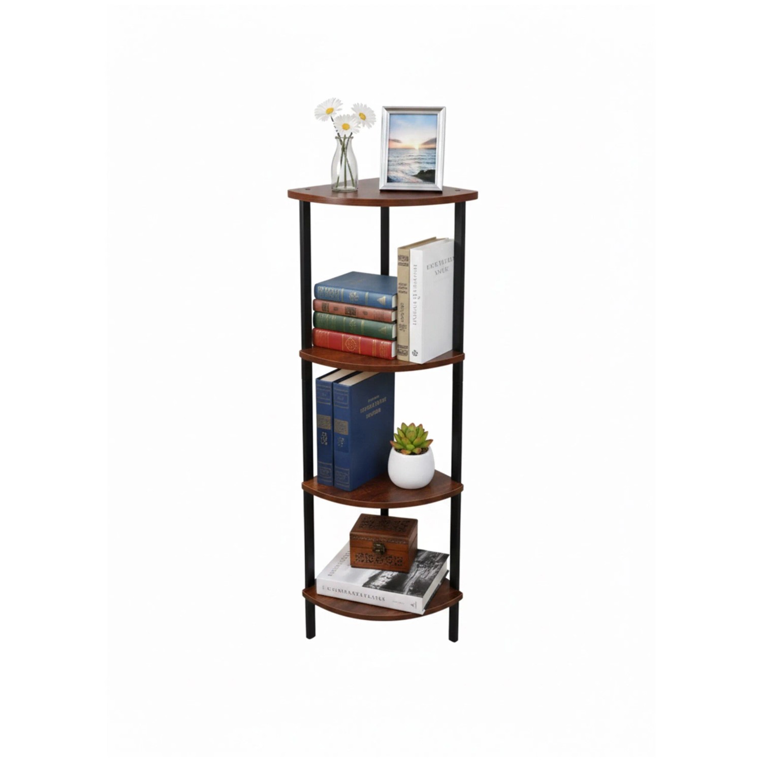 Relaxdays Eckregal MDF Eisen Holzoptik Vintagebraun 4 Ebenen 125 cm x 44,5 cm x 31,5 cm