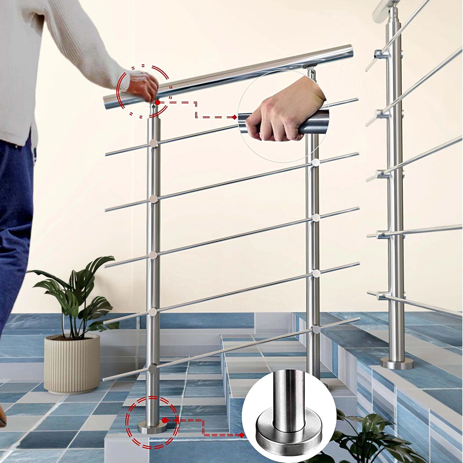 Edelstahl Geländer 100 cm mit 5 Querstäben auf Treppe. Gebürstete Oberfläche, Person hält Handlauf. Für Innen & Außen.