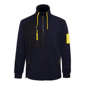 Uncle Sam Sweatjacke Marine-Gelb. Arbeitskleidung mit hohem Kragen, Reißverschluss und gelben Details.