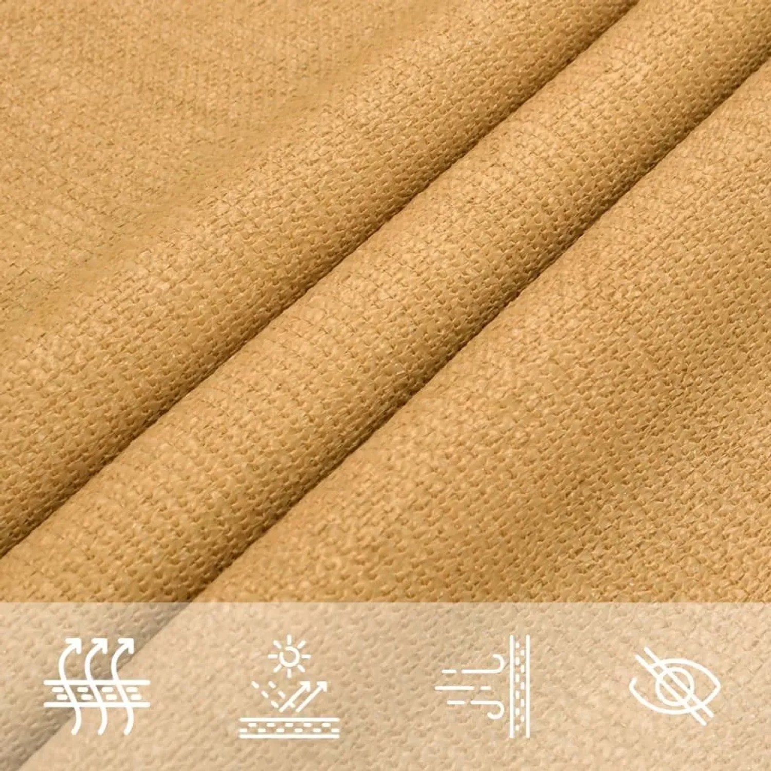 Sandfarbenes vidaXL Sonnensegel aus HDPE-Gewebe, Nahaufnahme mit Textur und Icons für UV-Schutz, Atmungsaktivität.