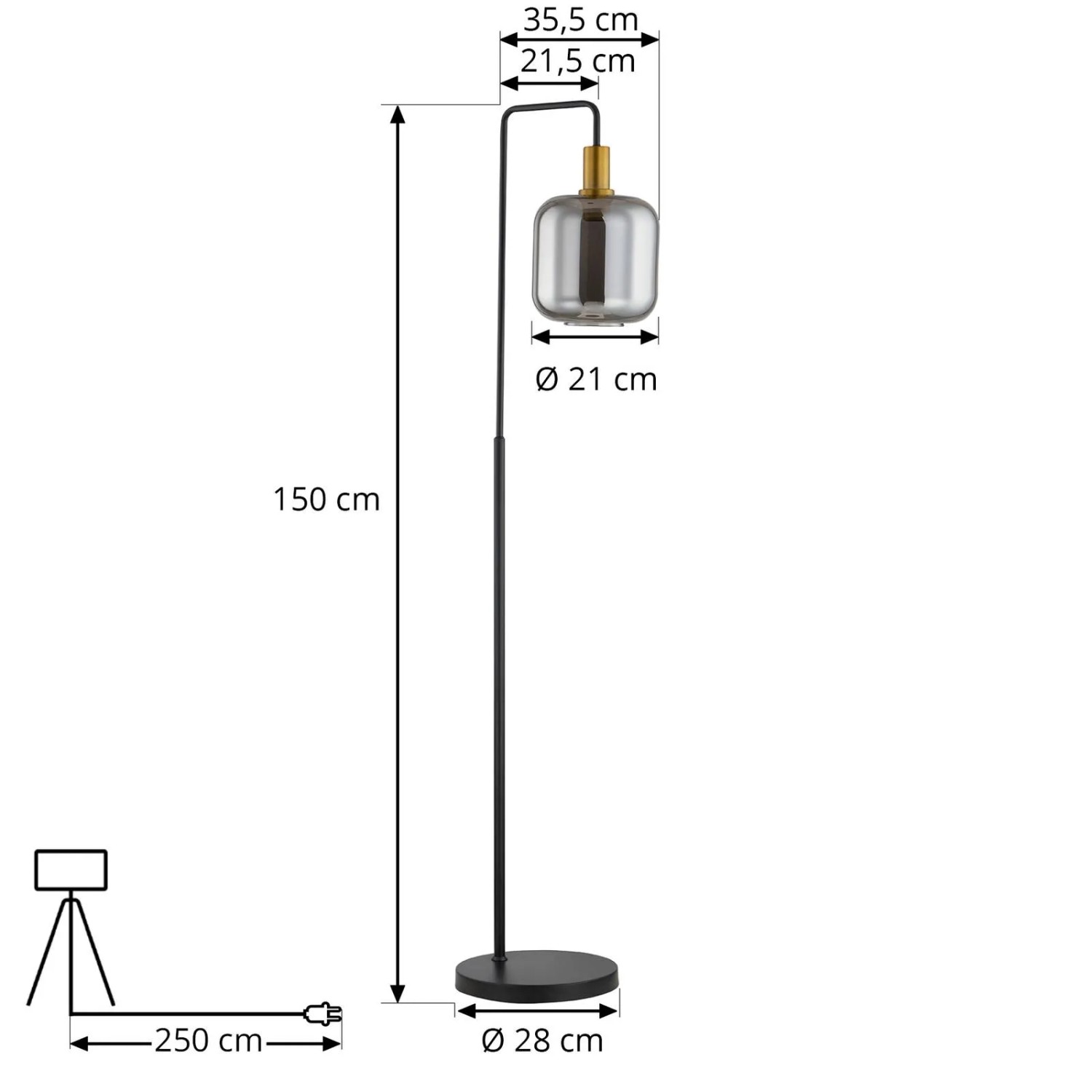 Moderne Lindby Stehlampe Nimbora in Schwarz mit Rauchglas-Schirm für Wohnzimmer.