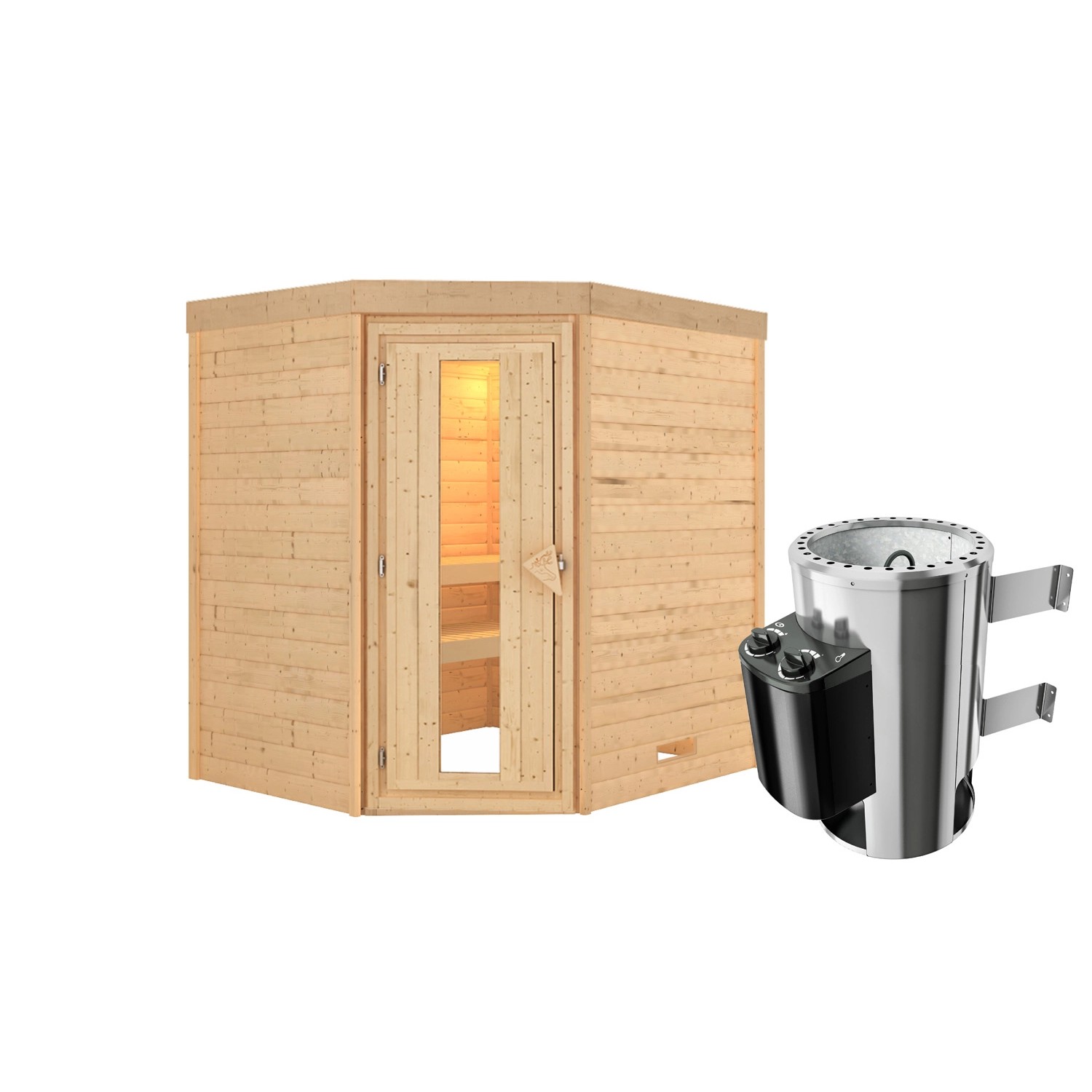 Karibu Sauna Maxi Set Naturbelassen mit Ofen 3,6 kW integr. Steuerung.