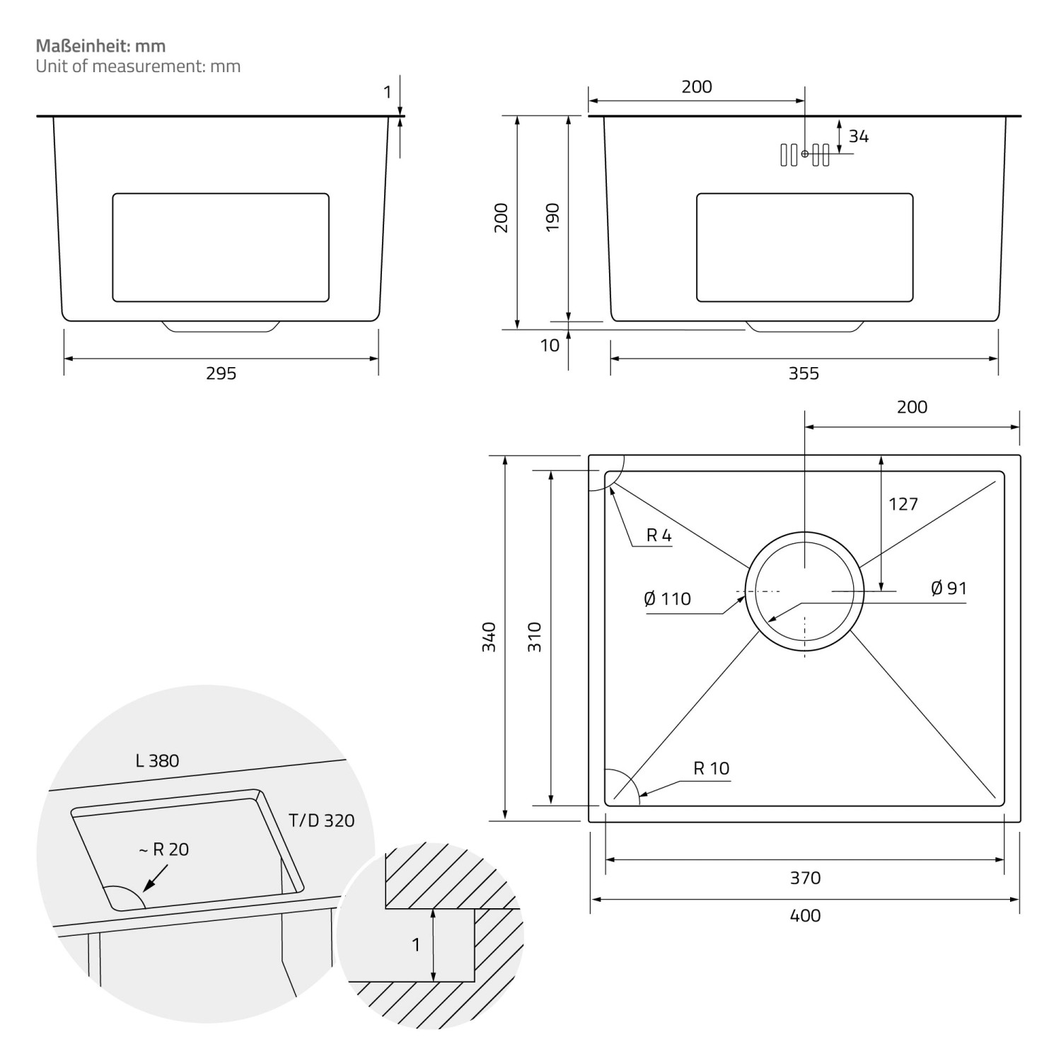 Technische Zeichnung: ML-Design Edelstahl Spülbecken, 34x40cm, mit Maßangaben.