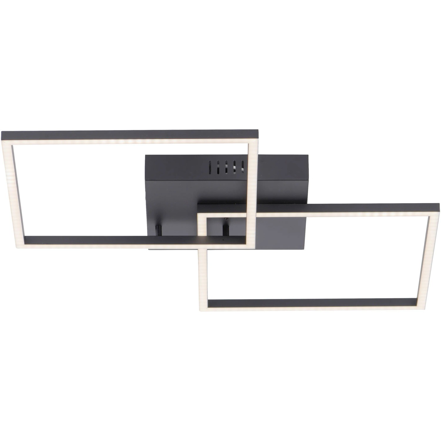 Moderne, schwarze LED-Deckenleuchte Iven, 53x53 cm, mit zwei verschlungenen Rechtecken.