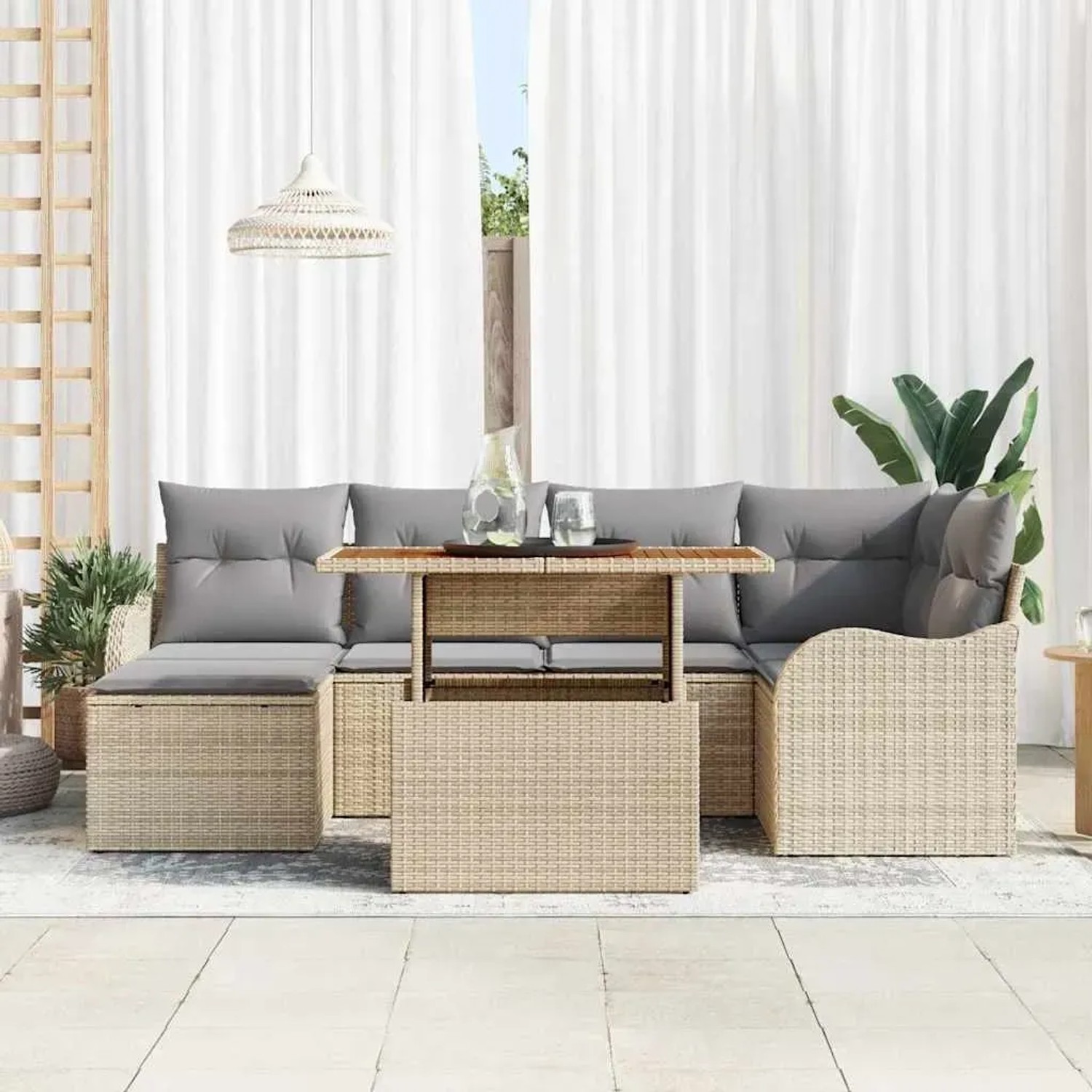 Beiges 7-teiliges vidaXL Garten-Sofa-Set aus Poly Rattan mit Tisch und Stauraum.