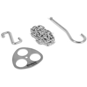 Dreibein-Ring aus Edelstahl mit Kette und Haken für Grillutensilien.