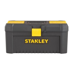 Stanley 16 Zoll Werkzeugbox aus Kunststoff mit gelben Verschlüssen und Organizern.