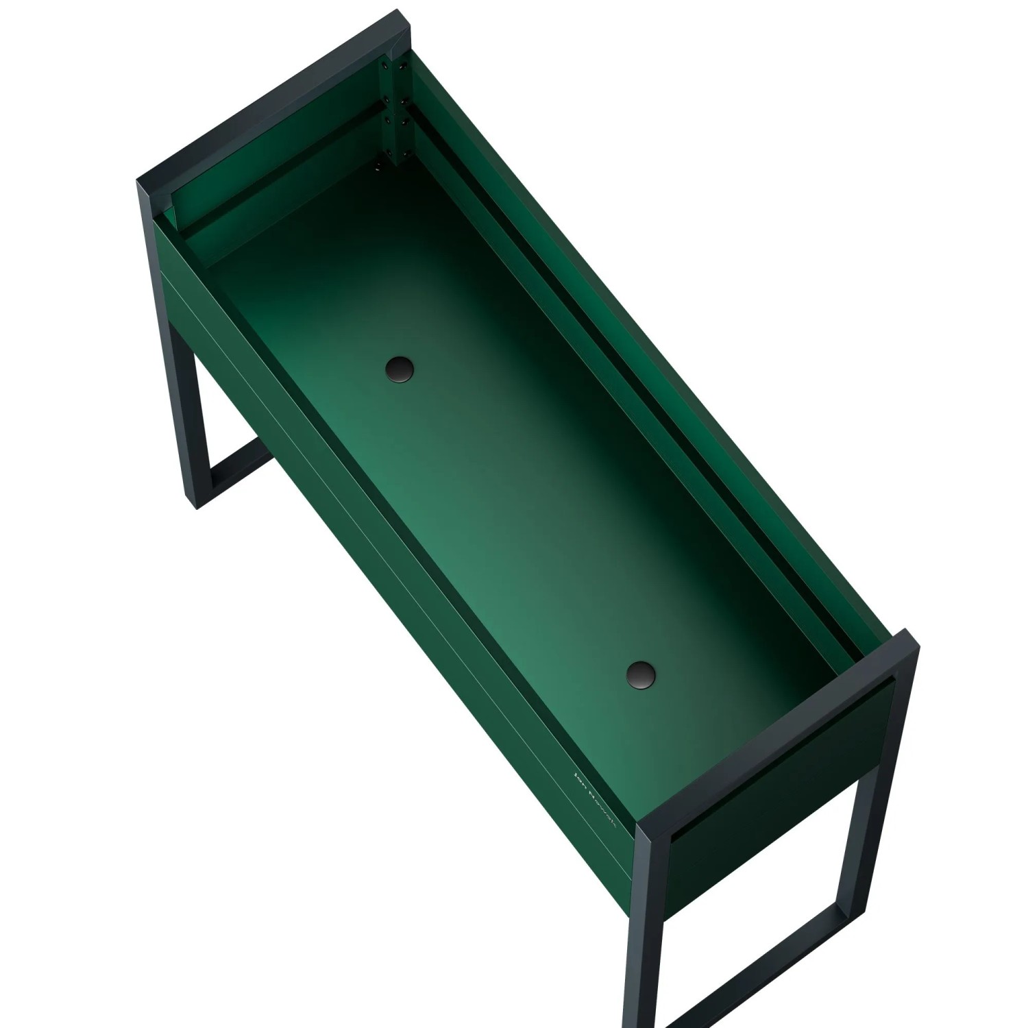 Hoher rechteckiger Metall-Blumenkübel in Flaschengrün und Anthrazit mit Drainagelöchern.