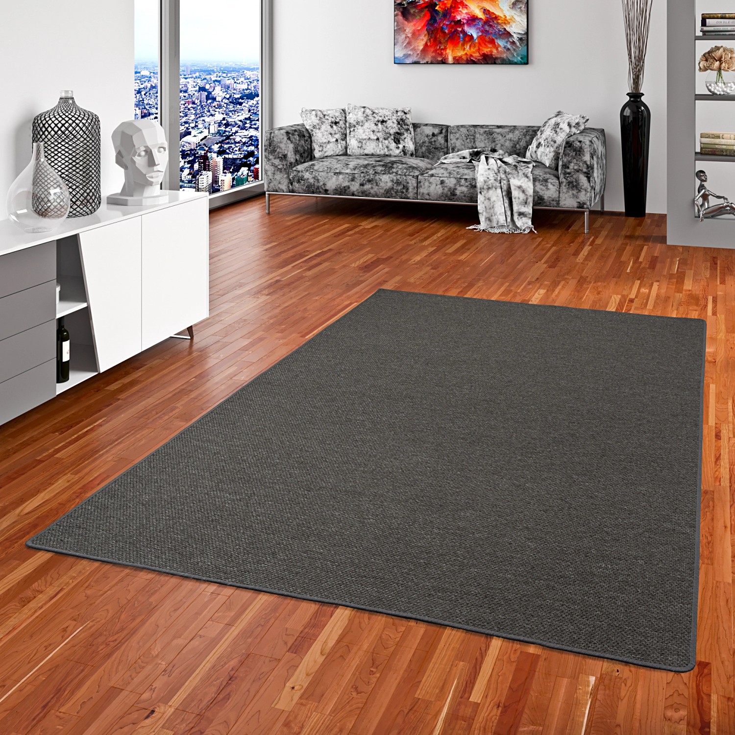 Anthrazitfarbener Snapstyle Teppich Bentzon (200x250cm) im Wohnzimmer.