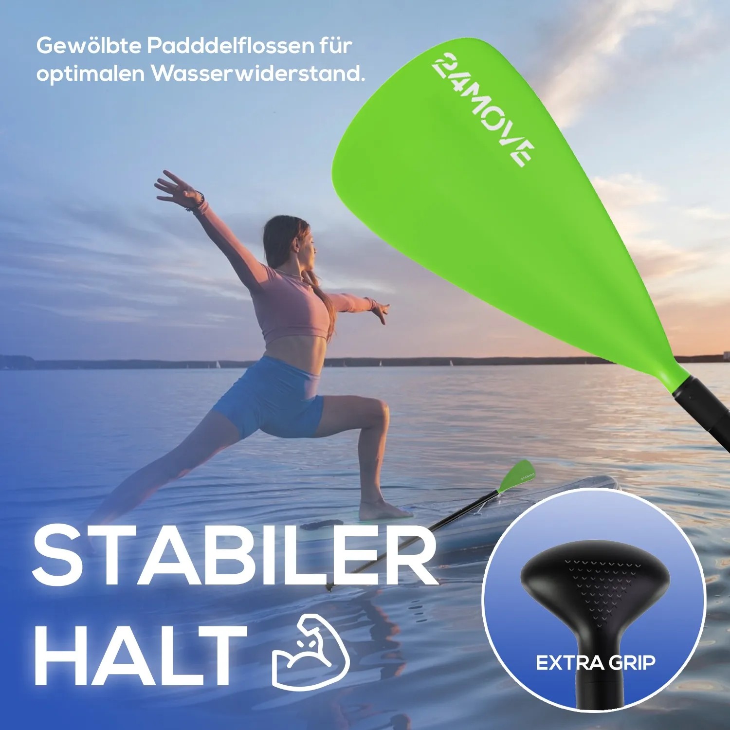 Grünes 24MOVE SUP Paddel aus Aluminium, 210cm, mit Frau auf dem Board.