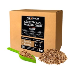 PINI Räucherchips Buche 5 kg, 6-12 mm, in Kartonbox mit Schaufel und Holzspänen. Für Grill & Smoker.