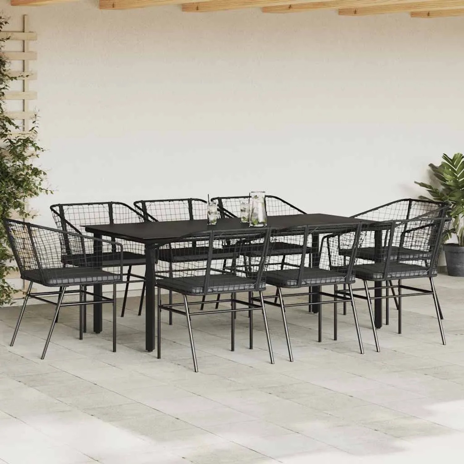 Schwarze 9-tlg. vidaXL Garten-Essgruppe aus Polyrattan mit Glattisch und Kissen.