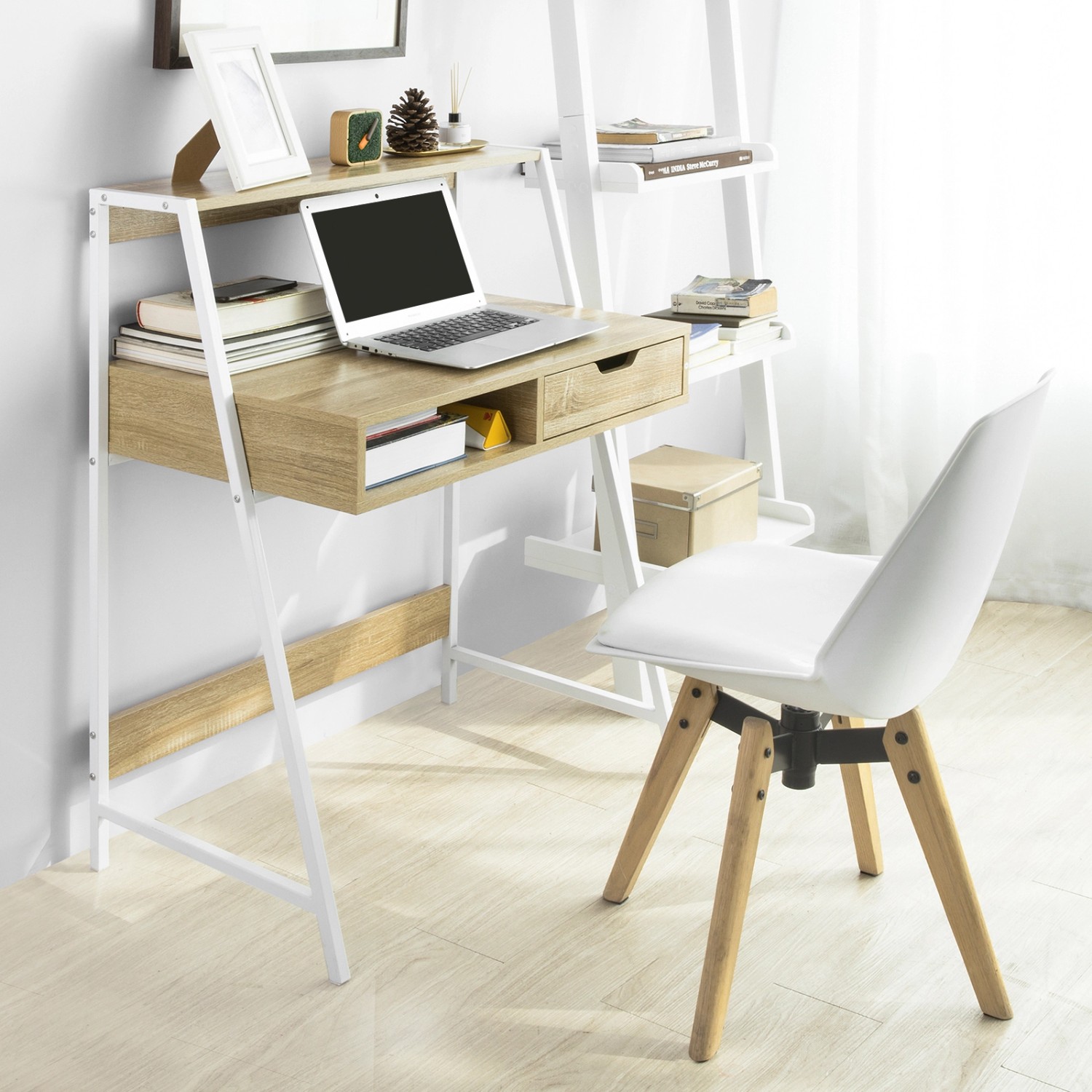 SoBuy Schreibtisch mit Ablage und Schublade MDF Metall Natur FWT63 N