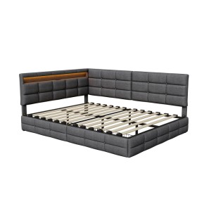 Doppelbett Jugendbett 140x200cm mit LED-Beleuchtung Ladefunktion und Ablage Grau