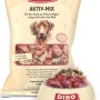 Dibo Hunde-Barf Aktiv-Mix 2kg: Frostfutter mit Fleisch, Lunge, Leber vom Rind im Beutel und Hundenapf.