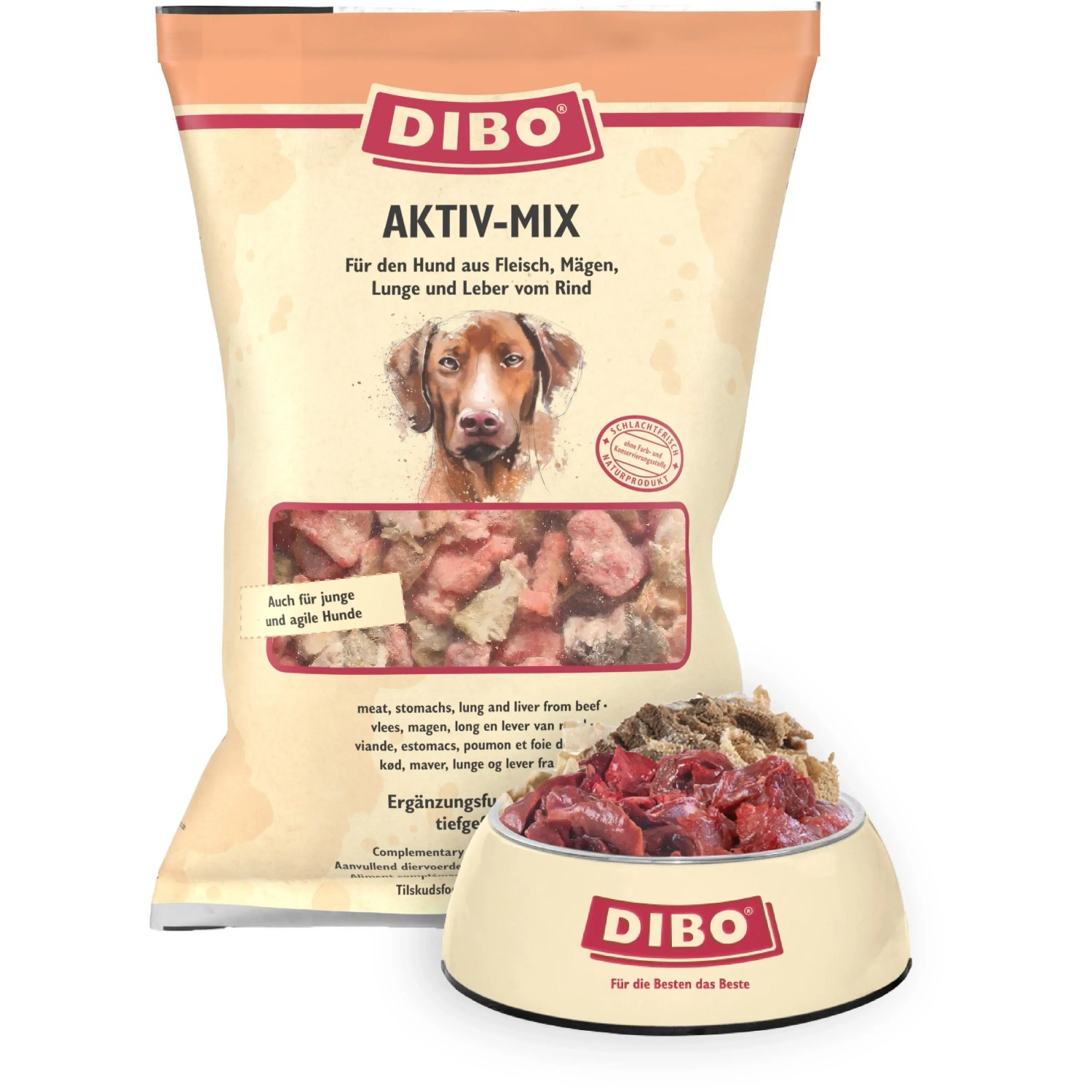 Dibo Hunde-Barf Aktiv-Mix 2kg: Frostfutter mit Fleisch, Lunge, Leber vom Rind im Beutel und Hundenapf.