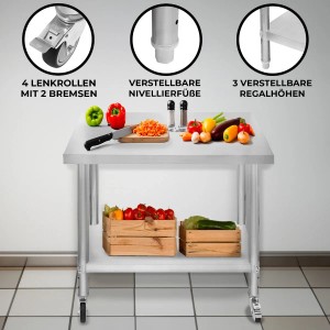 Monstershop Edelstahl Arbeitstisch 60x90x86cm mit Rollen, verstellbaren Füßen und Regalböden.