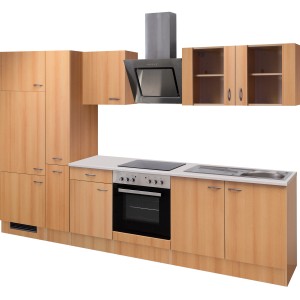 Flex-Well Küchenzeile Classic Nano 300 cm in Buche Nachbildung mit E-Geräten.