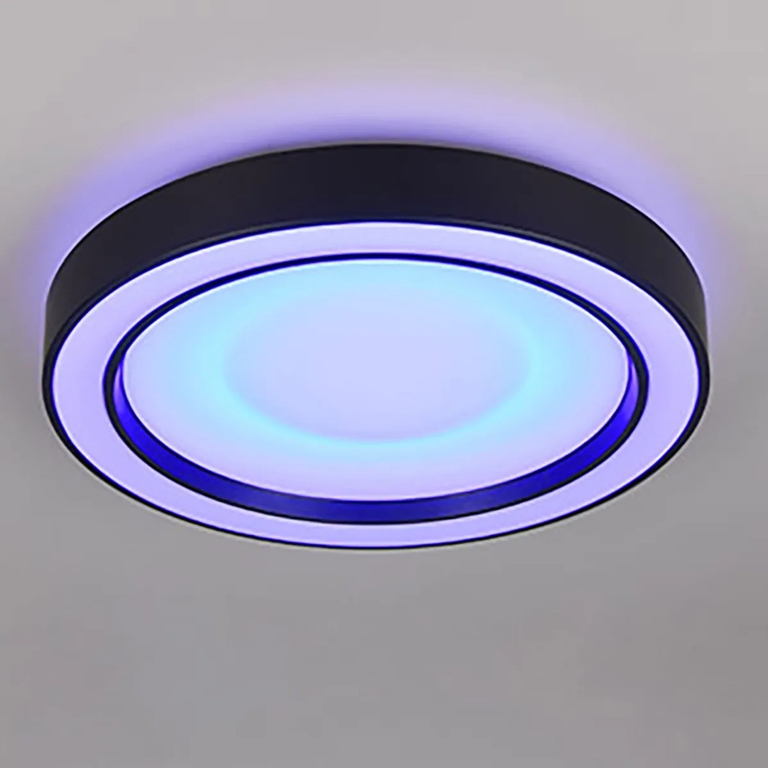 Moderne, schwarze LED Deckenleuchte Arco mit Farbwechsel und Fernbedienung.