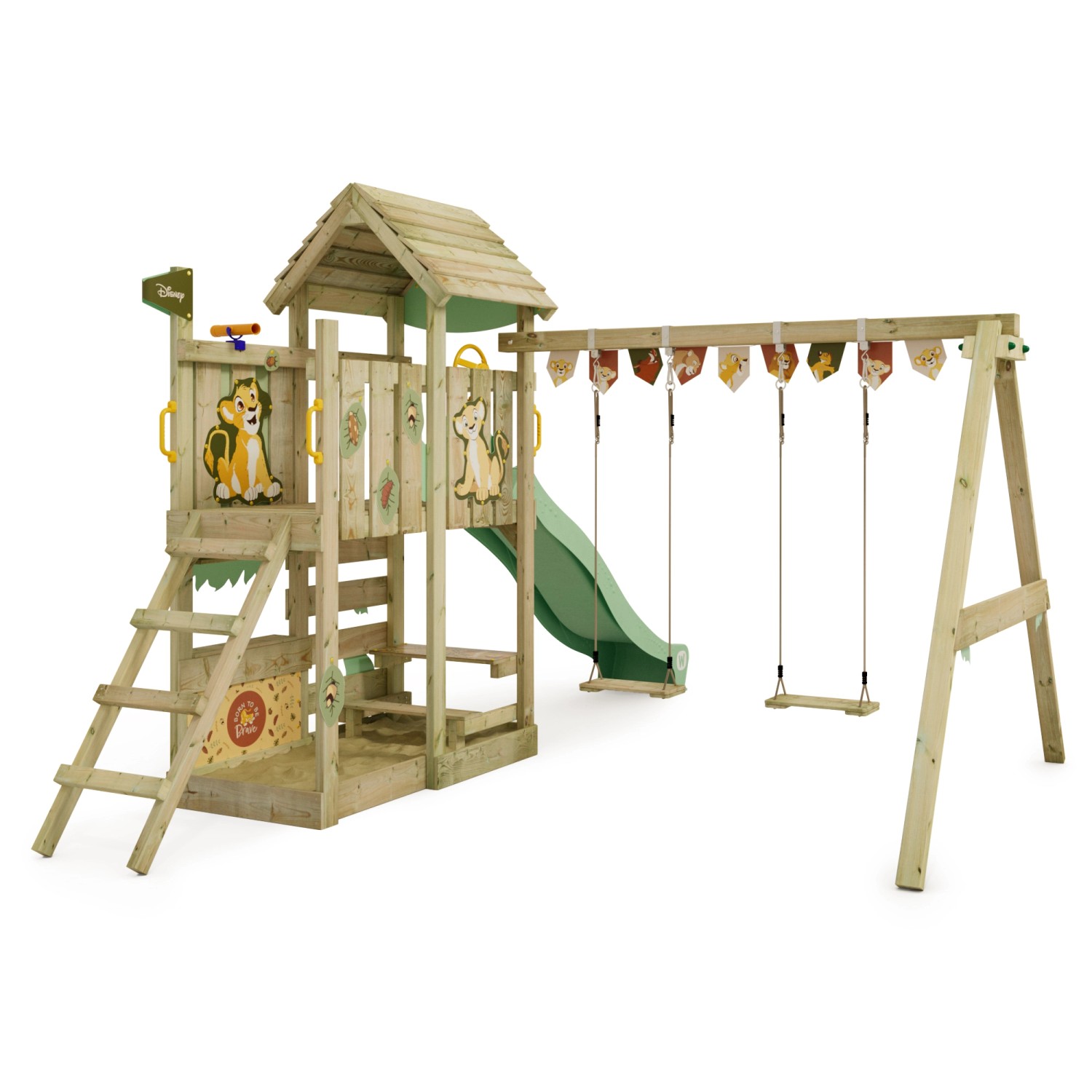 Wickey Spielturm Disney Adventure mit Rutsche und Schaukel in Pastellgrün.