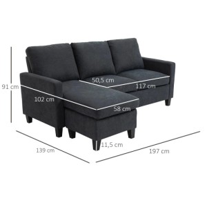 HOMCOM Ecksofa L-Form, 3-Sitzer, dunkelgrau, Stoff, mit Maßen 197x139x91 cm. Modulares Design für Wohnzimmer.