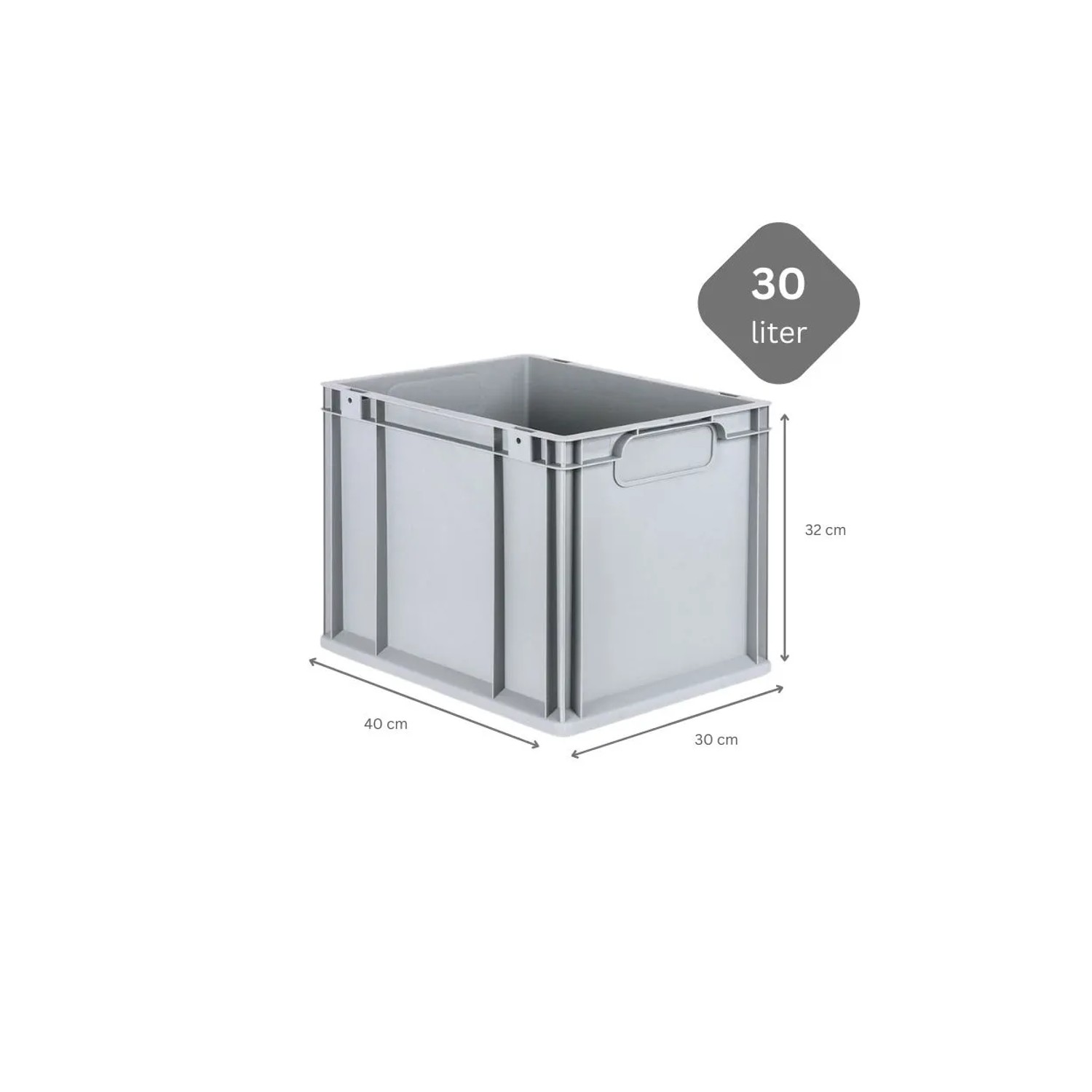 Graue PROREGAL Eurobox 30L mit Scharnierdeckel, geschlossen, für Lagerung und Transport.