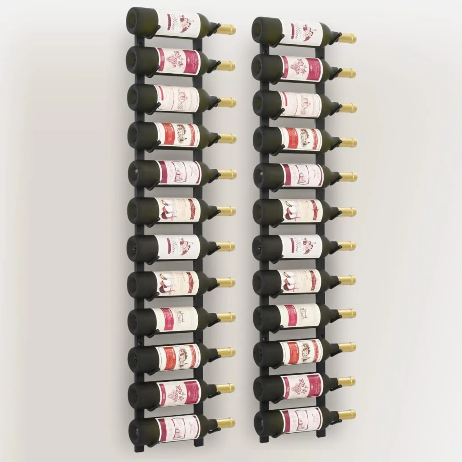 Zwei schwarze Wand-Weinregale aus Eisen für je 12 Flaschen. Weinregal zur Wandmontage.