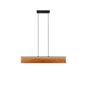 LED-Pendelleuchte Kalea aus Holz und schwarzem Metall, rechteckig, mit strukturierter Holzoberfläche. Dimmbare Hängelampe.