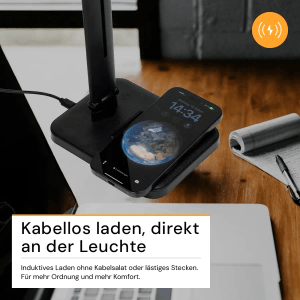 ENOVALITE LED Schreibtischleuchte mit induktiver Ladestation und aufladendem Smartphone.
