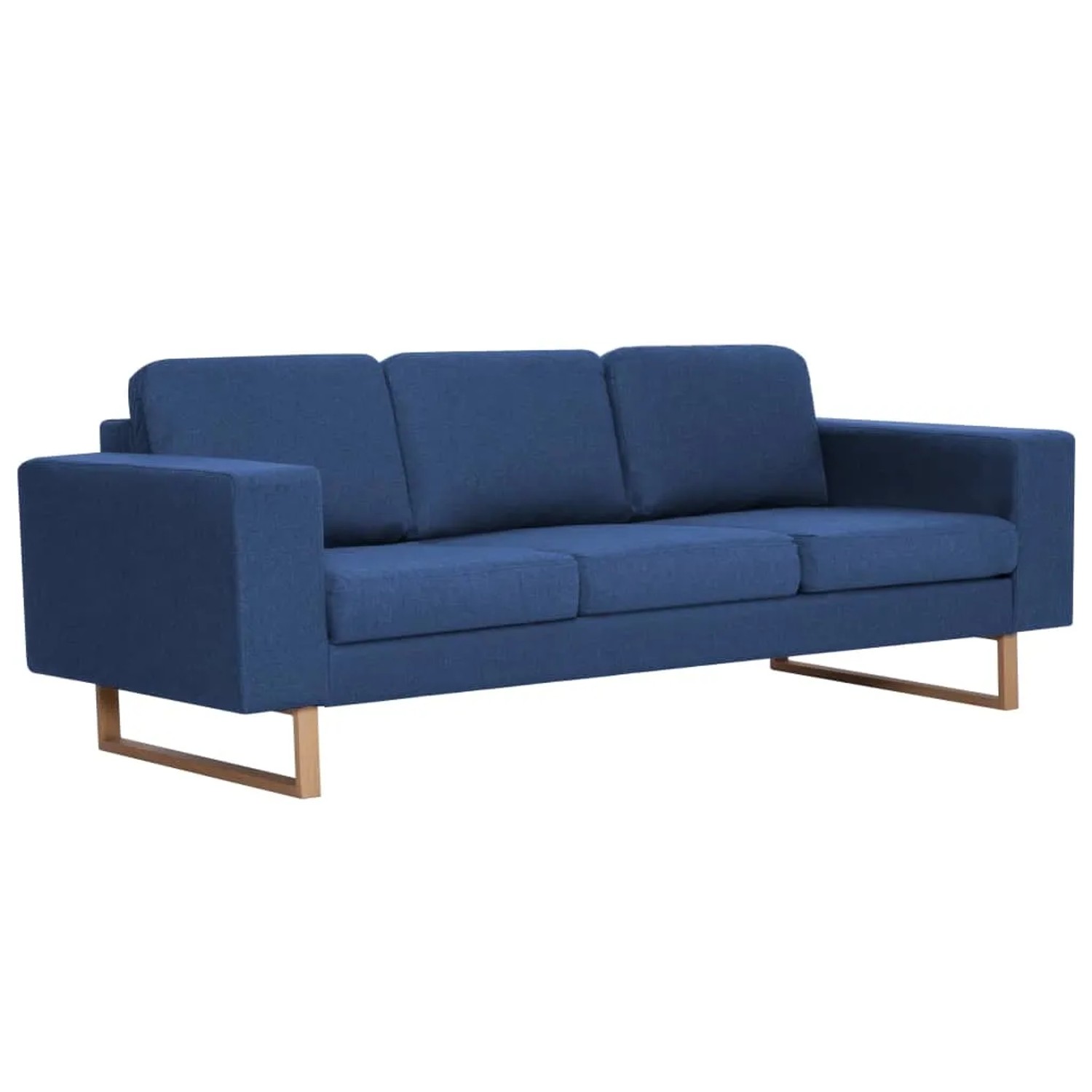 Blaues 3-Sitzer Sofa mit Stoffbezug und Holzfüßen. Relaxsofa für Wohnzimmer.