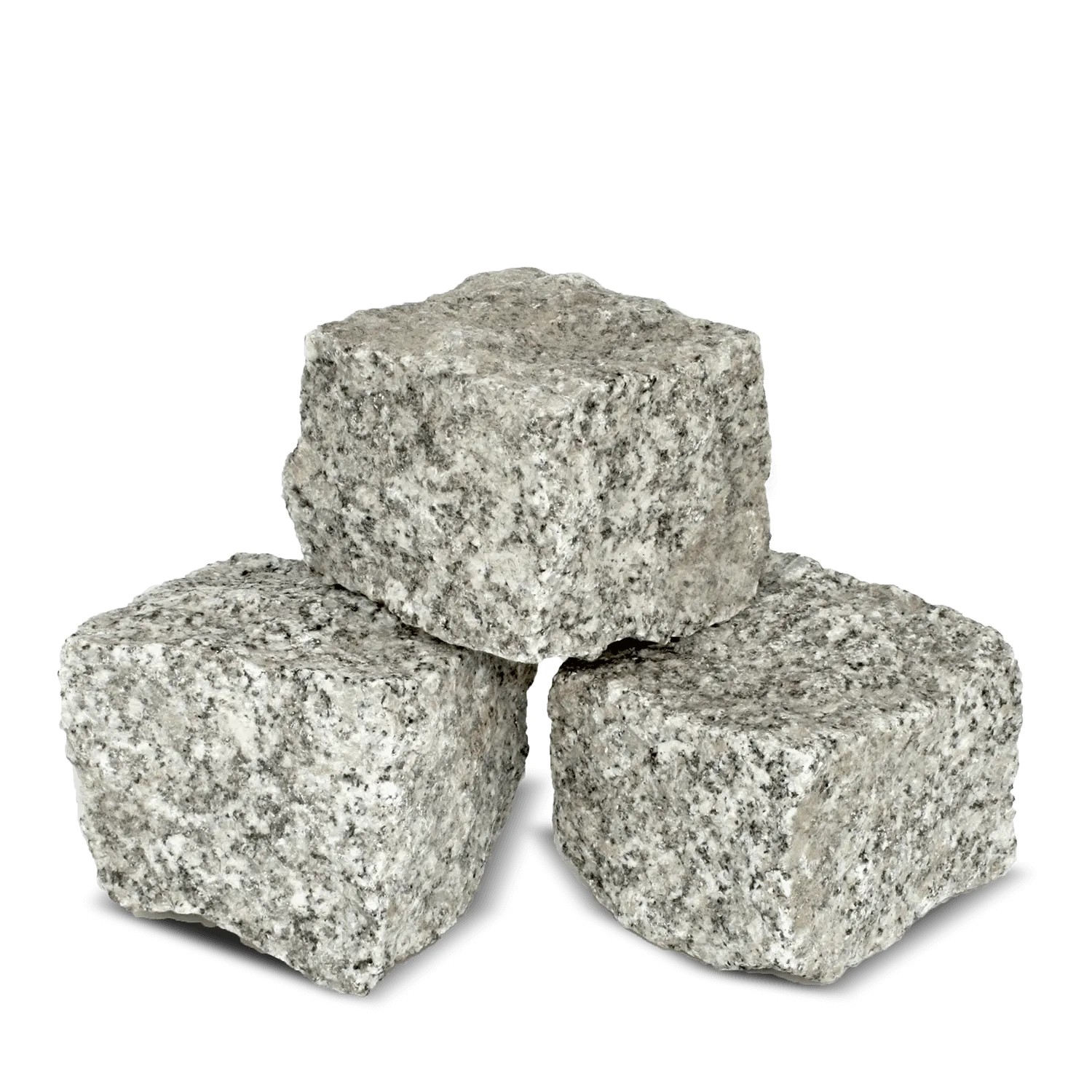 Drei graue, gespaltene Granitpflastersteine für Wege und Außenbereiche. Robustes Pflaster.