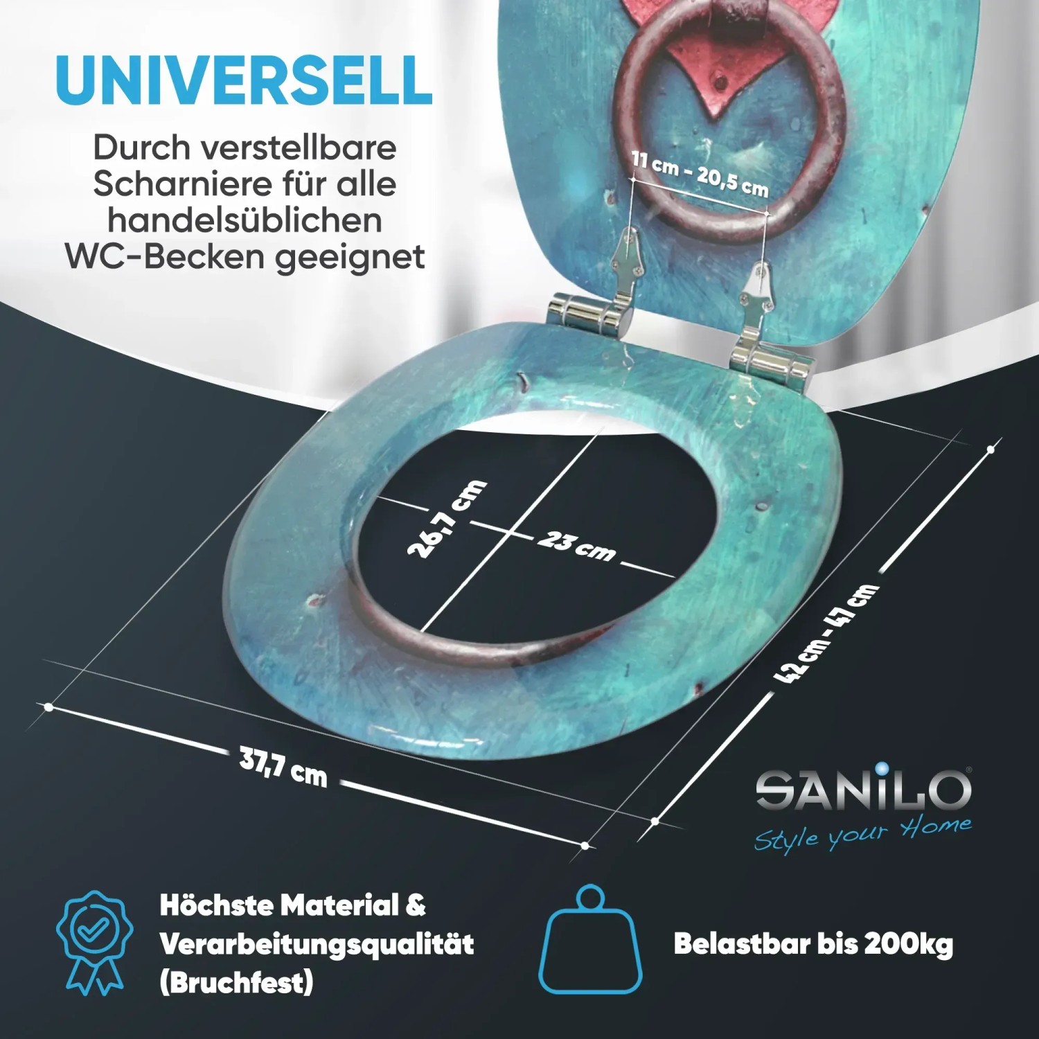Sanilo WC-Sitz Knocker mit Absenkautomatik, Holz, blau-grün mit Ring