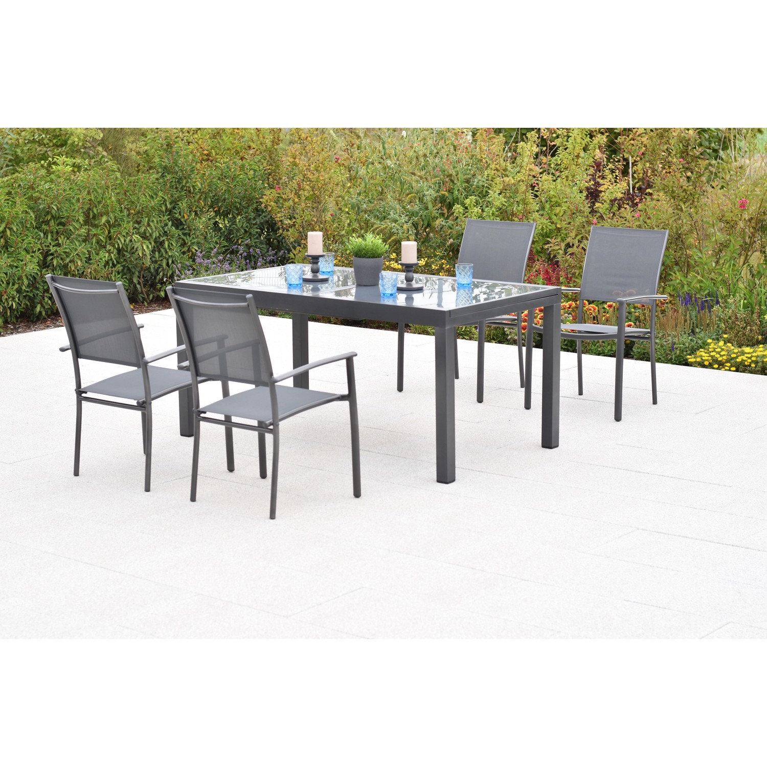 Merxx Milano Set 5-tlg. 4 Stapelsessel Gartentisch Ausziehbar 150 (210) x 9 günstig online kaufen