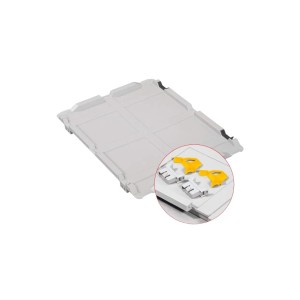 PROREGAL Eurobox Sparset, 5 graue Aufbewahrungsboxen mit gelben Verschlüssen und Scharnierdeckel.